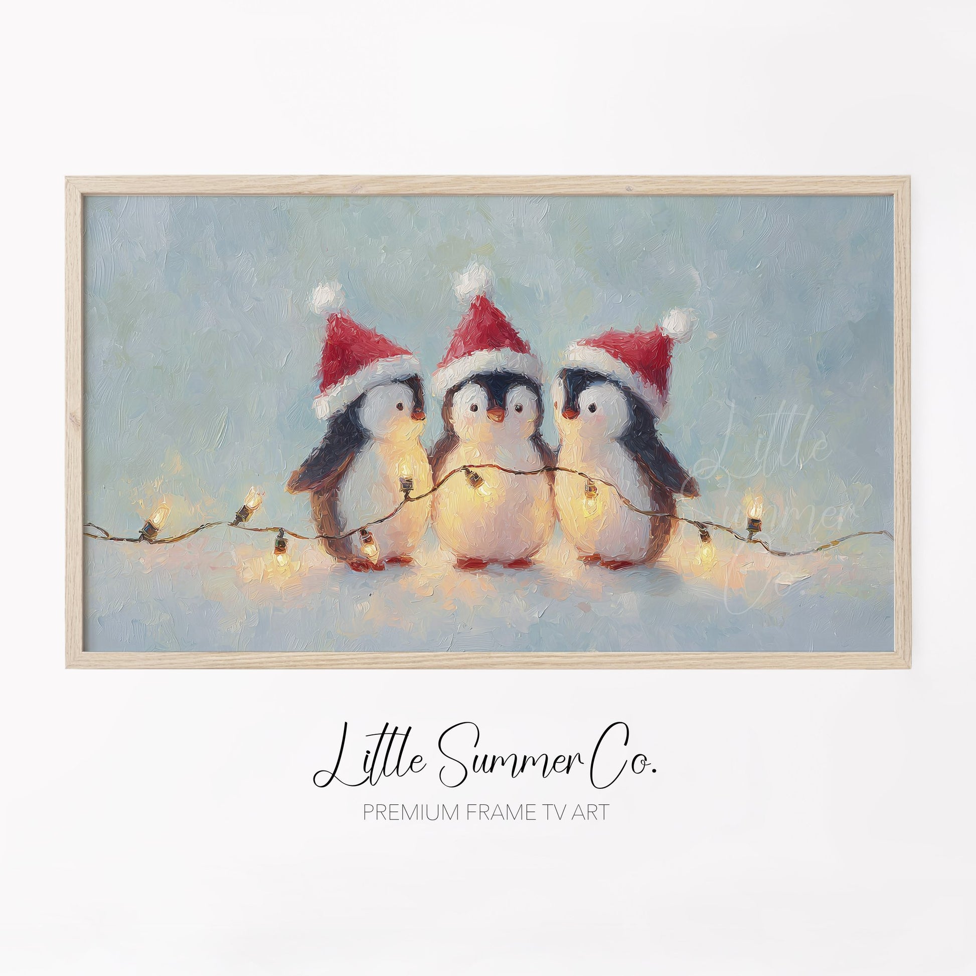 Christmas Penguins with Fairy Lights Frame TV Art displayed on a TV