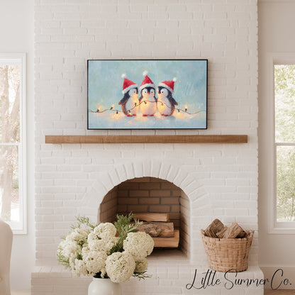 Christmas Penguins with Fairy Lights Frame TV Art displayed on a TV