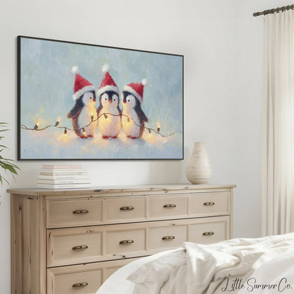 Christmas Penguins with Fairy Lights Frame TV Art displayed on a TV