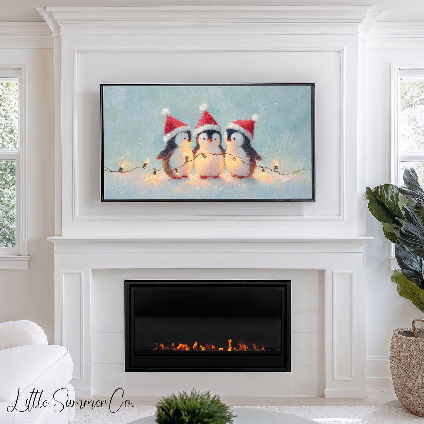 Christmas Penguins with Fairy Lights Frame TV Art displayed on a TV