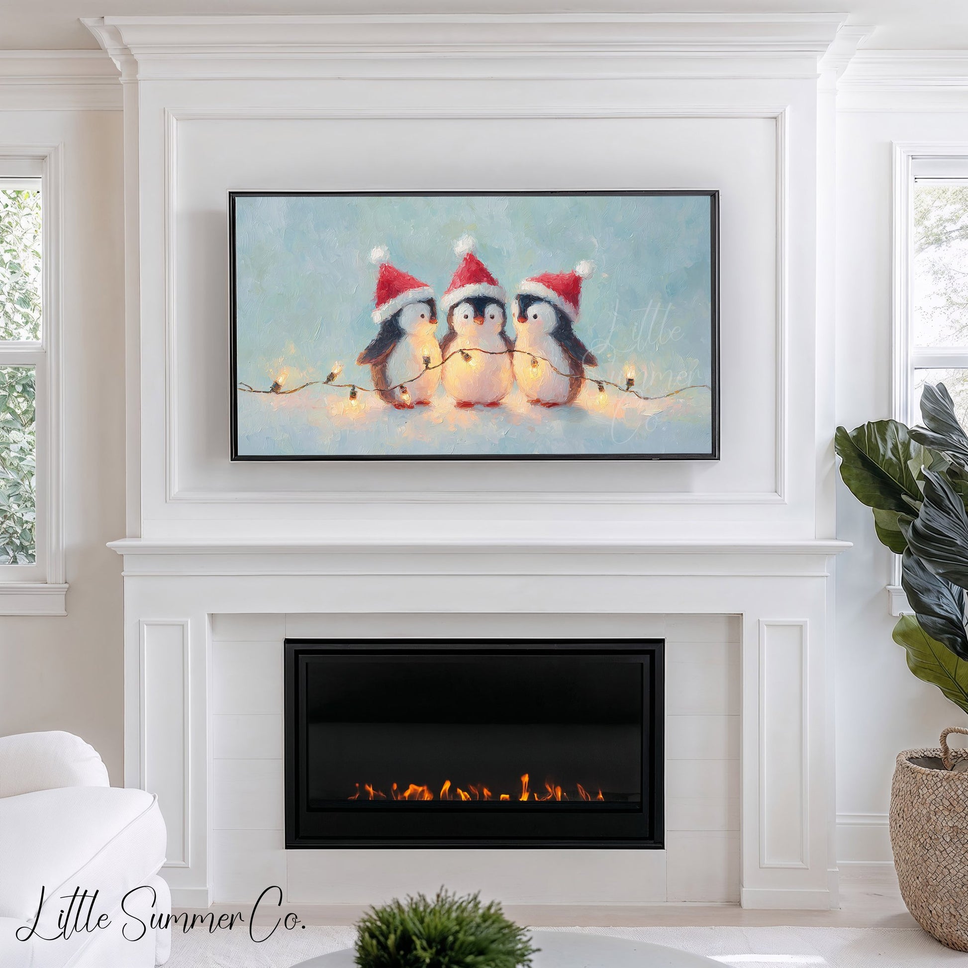 Christmas Penguins with Fairy Lights Frame TV Art displayed on a TV