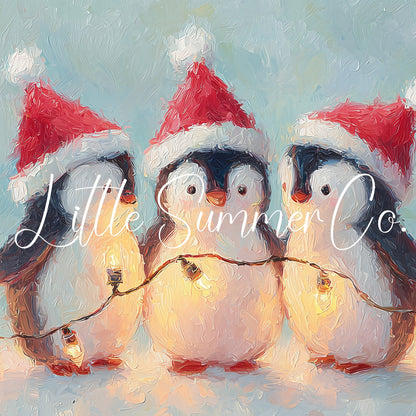 Christmas Penguins with Fairy Lights Frame TV Art displayed on a TV