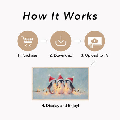 Christmas Penguins with Fairy Lights Frame TV Art displayed on a TV