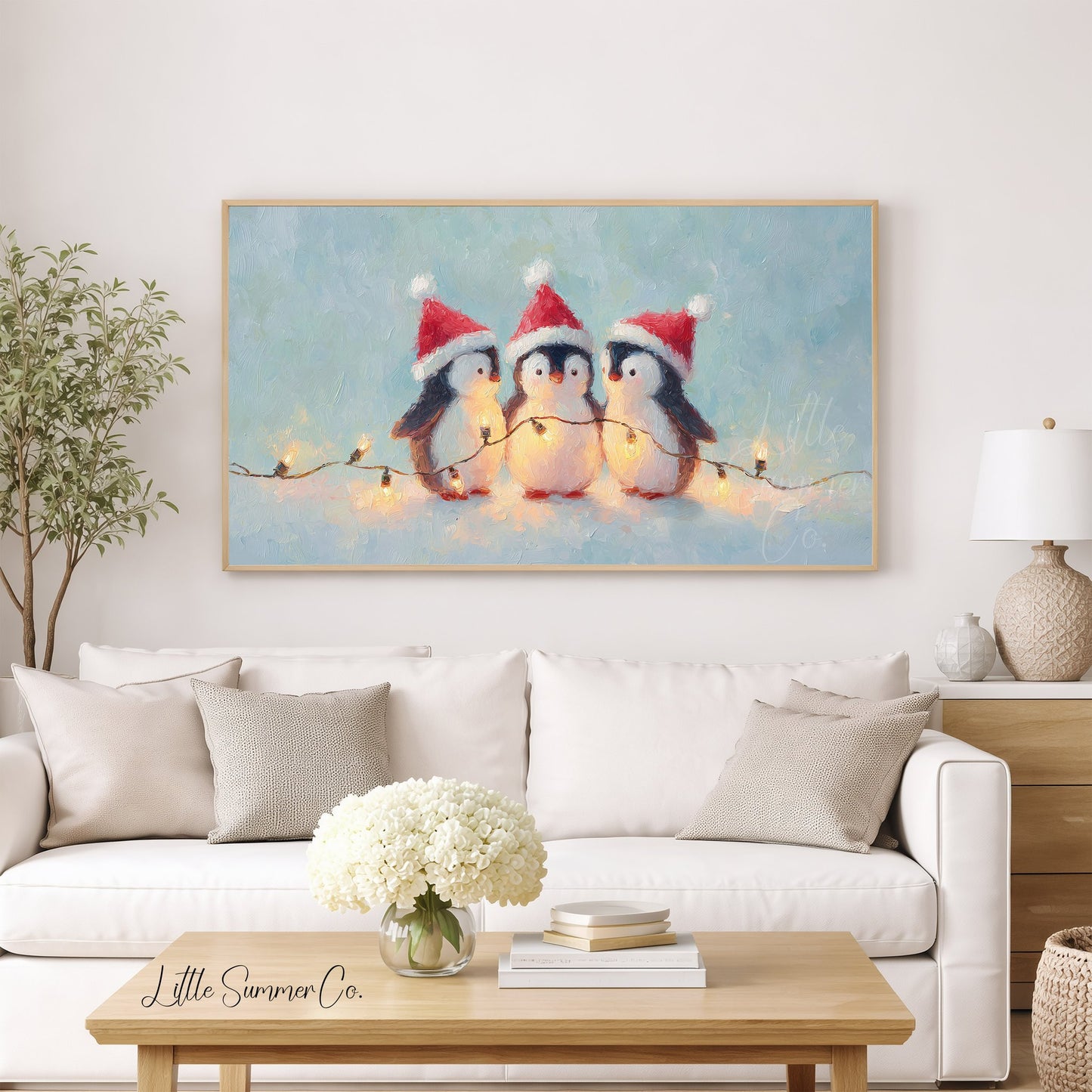 Christmas Penguins with Fairy Lights Frame TV Art displayed on a TV