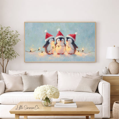 Christmas Penguins with Fairy Lights Frame TV Art displayed on a TV