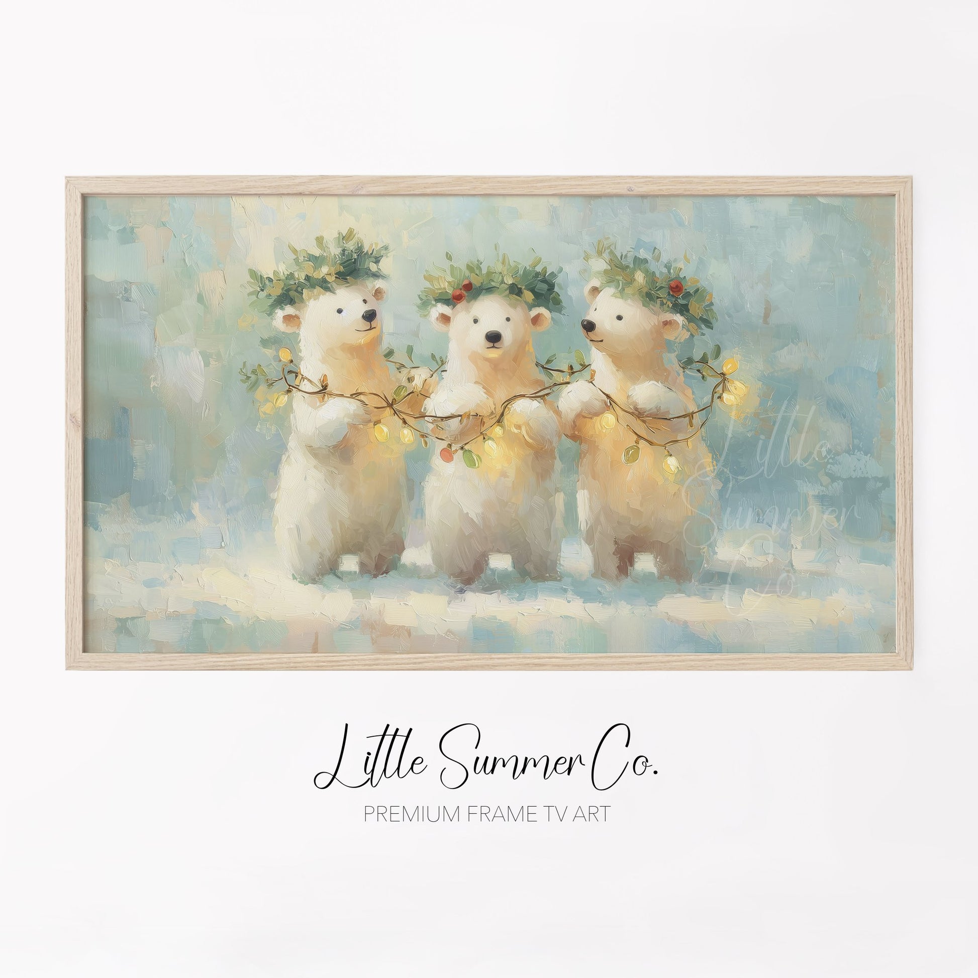 Polar Bear Cubs with Holly Frame TV Art displayed on a TV