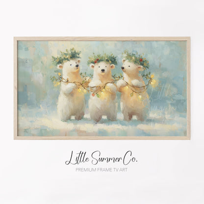 Polar Bear Cubs with Holly Frame TV Art displayed on a TV