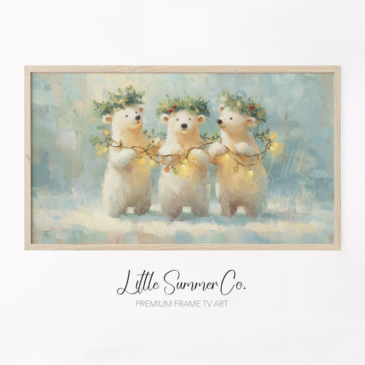 Polar Bear Cubs with Holly Frame TV Art displayed on a TV