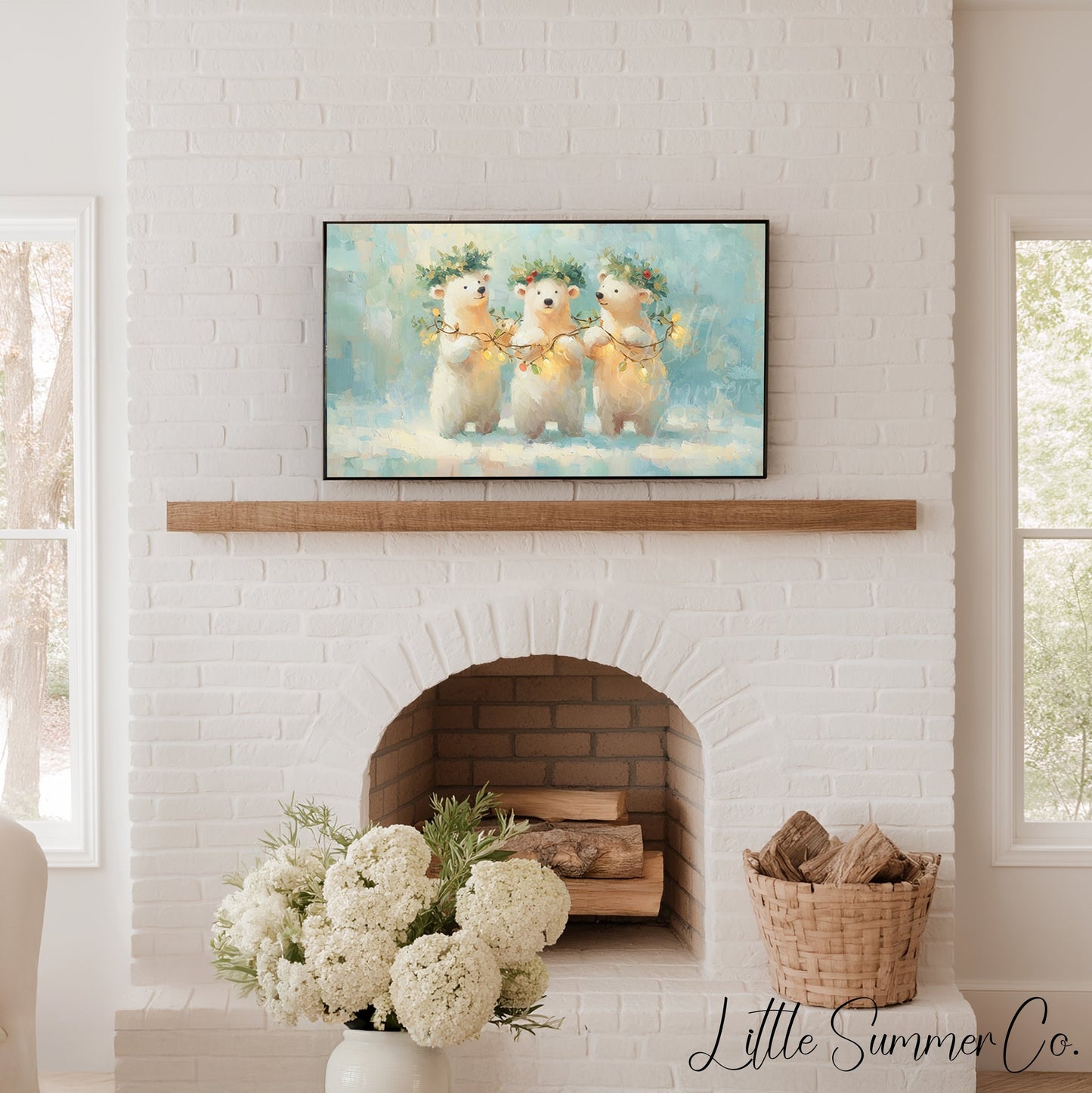 Polar Bear Cubs with Holly Frame TV Art displayed on a TV