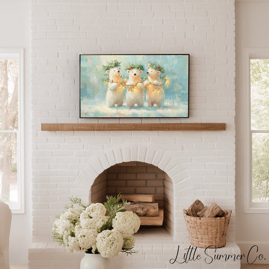Polar Bear Cubs with Holly Frame TV Art displayed on a TV