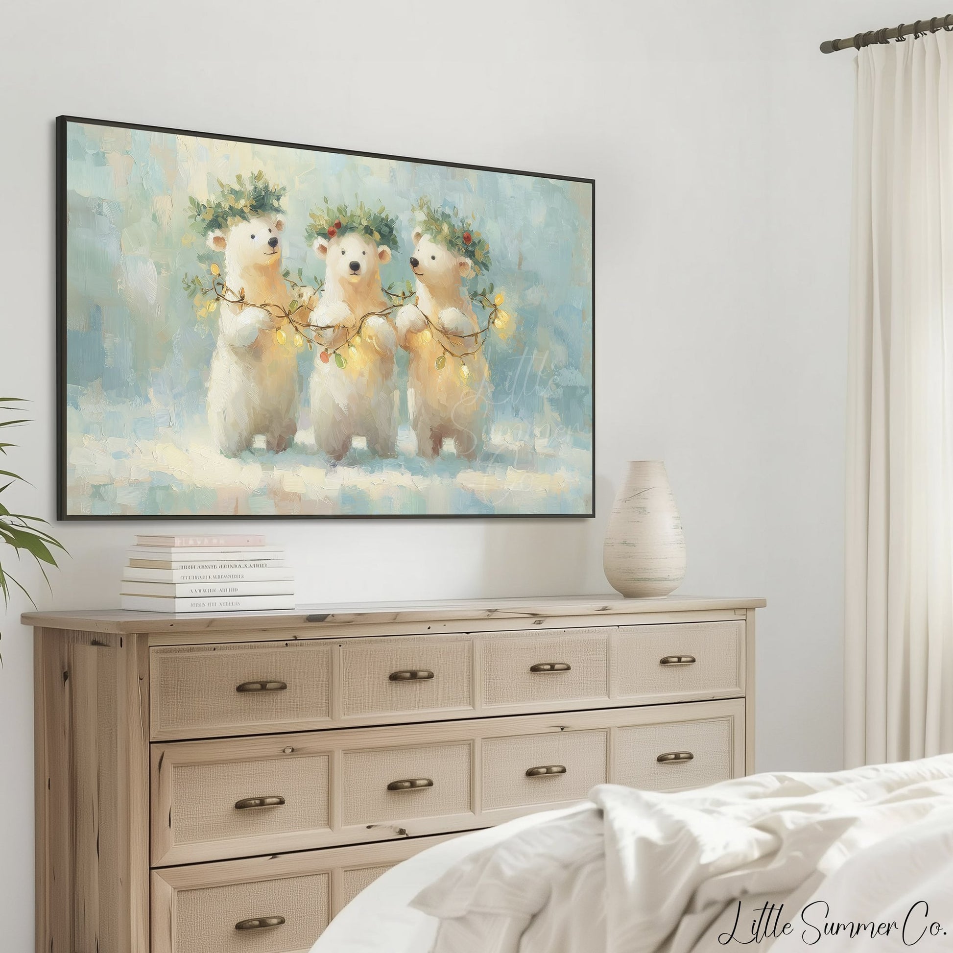 Polar Bear Cubs with Holly Frame TV Art displayed on a TV
