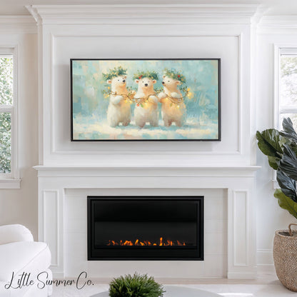Polar Bear Cubs with Holly Frame TV Art displayed on a TV