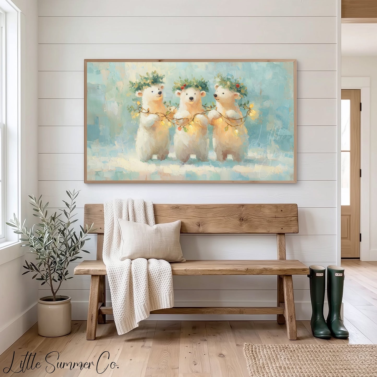 Polar Bear Cubs with Holly Frame TV Art displayed on a TV
