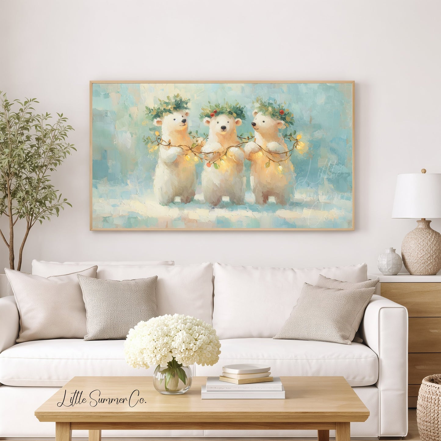 Polar Bear Cubs with Holly Frame TV Art displayed on a TV