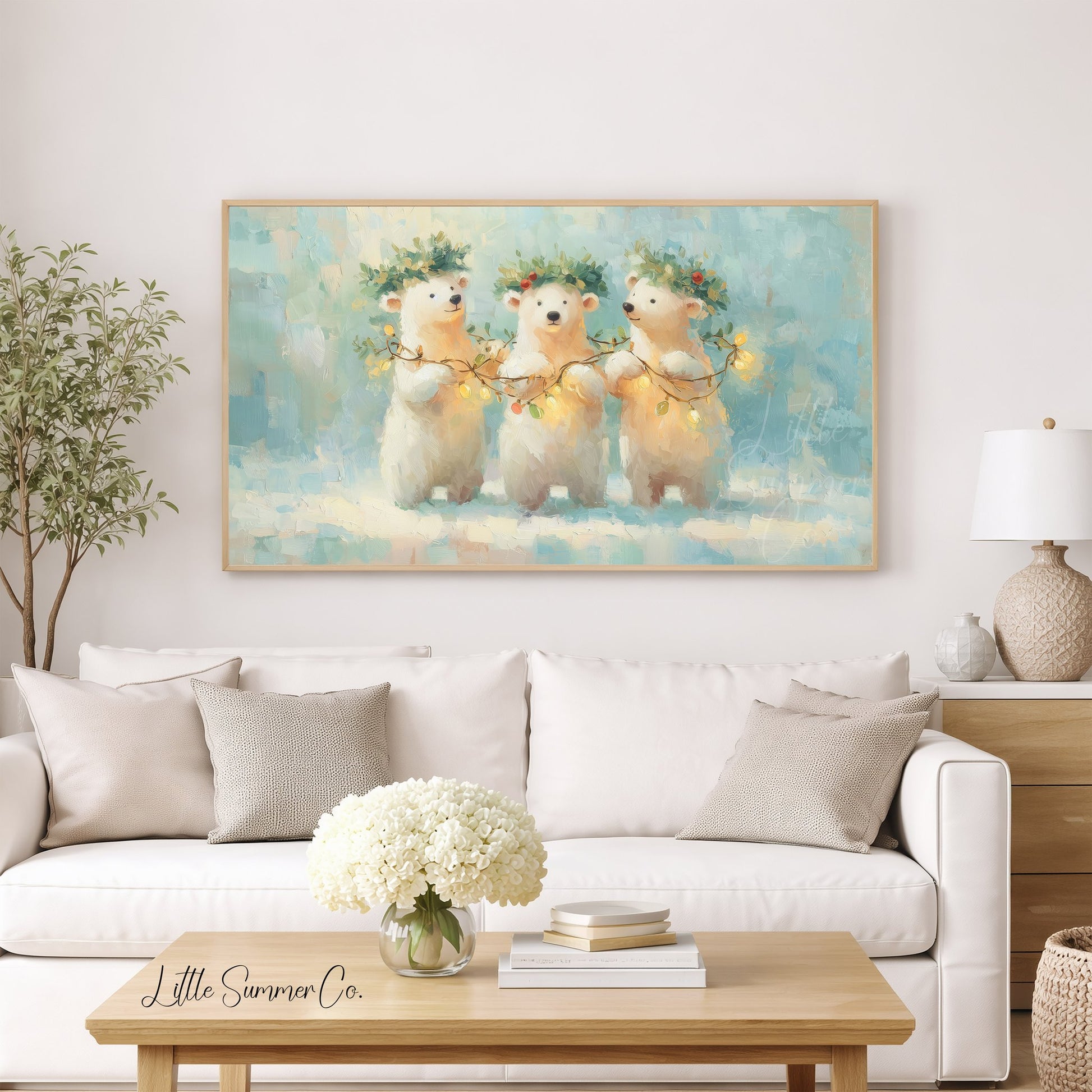 Polar Bear Cubs with Holly Frame TV Art displayed on a TV