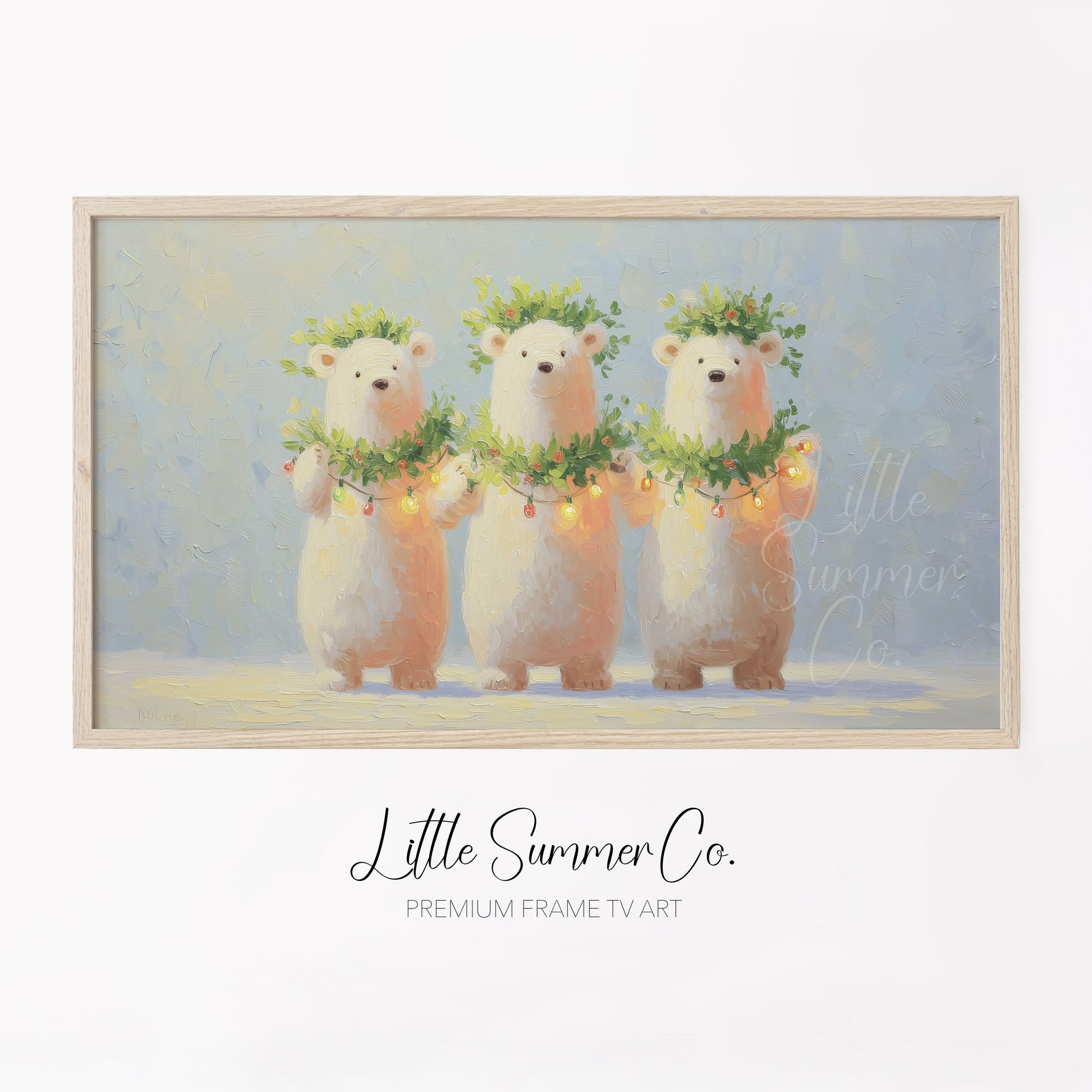 Polar Bears with Christmas Lights Frame TV Art displayed on a TV