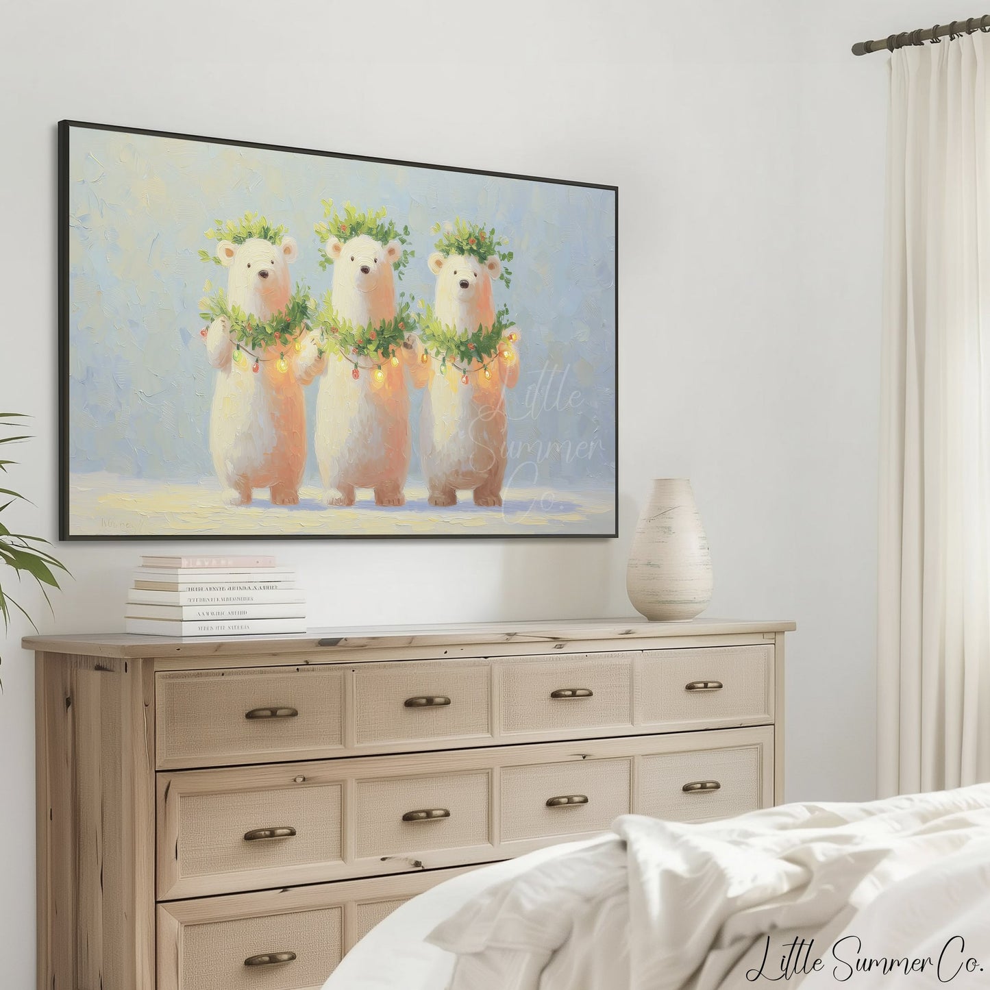 Polar Bears with Christmas Lights Frame TV Art displayed on a TV