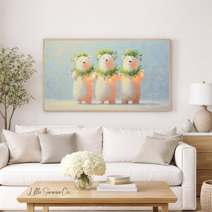 Polar Bears with Christmas Lights Frame TV Art displayed on a TV