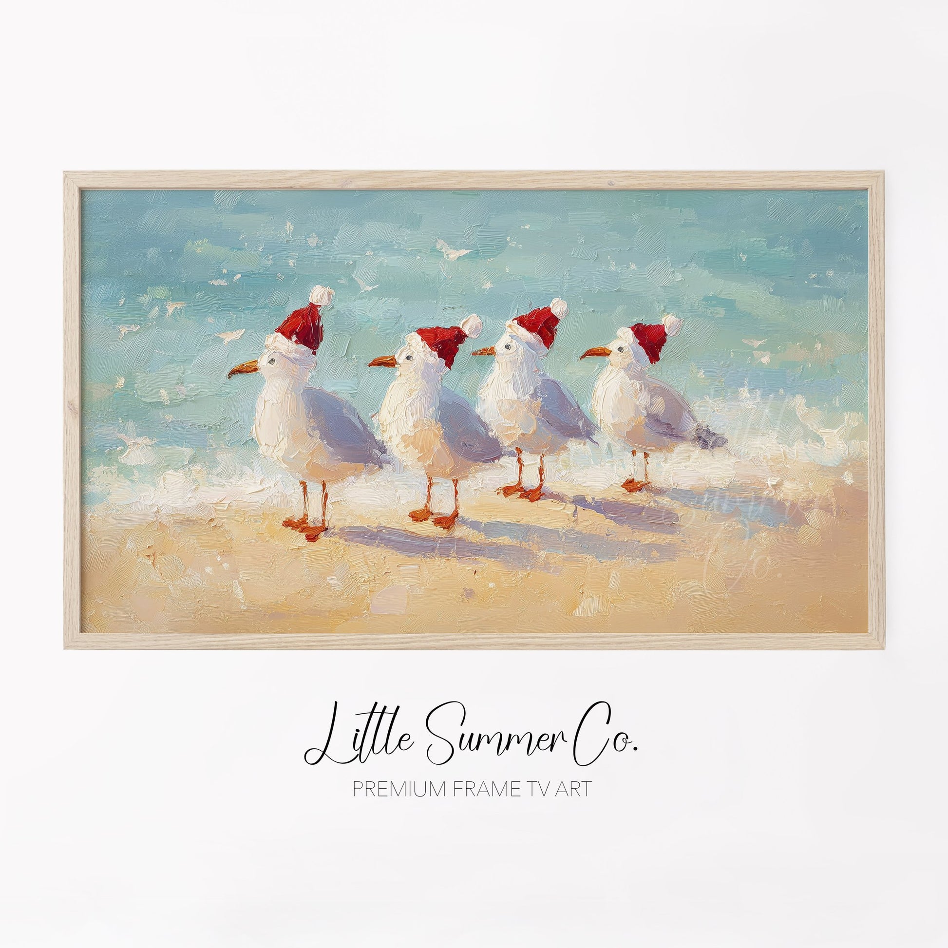 Christmas Seagulls on the Beach Frame TV Art displayed on a TV