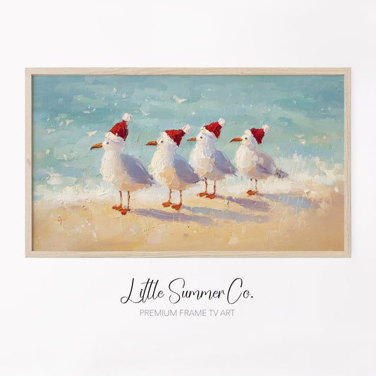 Christmas Seagulls on the Beach Frame TV Art displayed on a TV