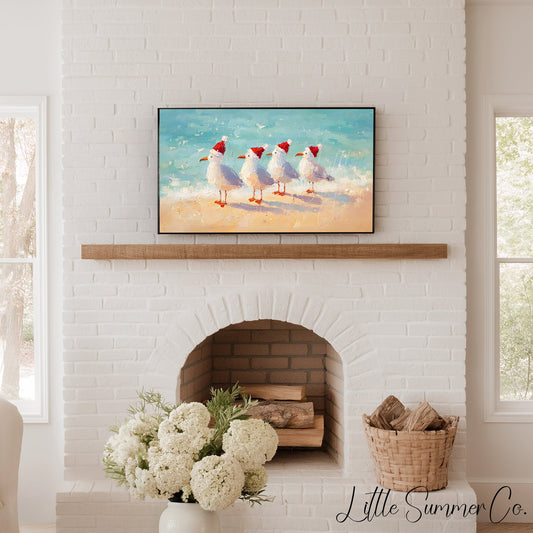 Christmas Seagulls on the Beach Frame TV Art displayed on a TV