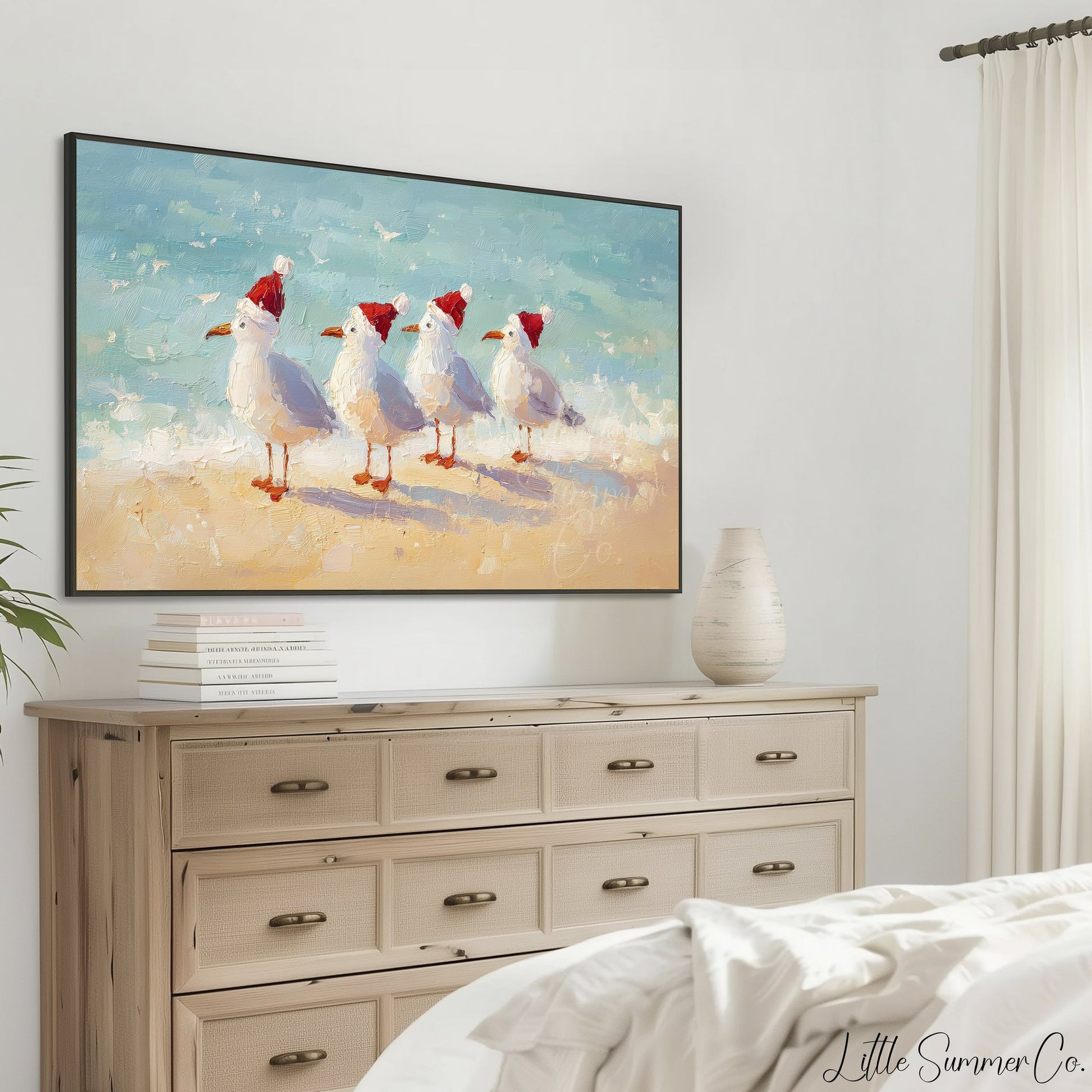 Christmas Seagulls on the Beach Frame TV Art displayed on a TV