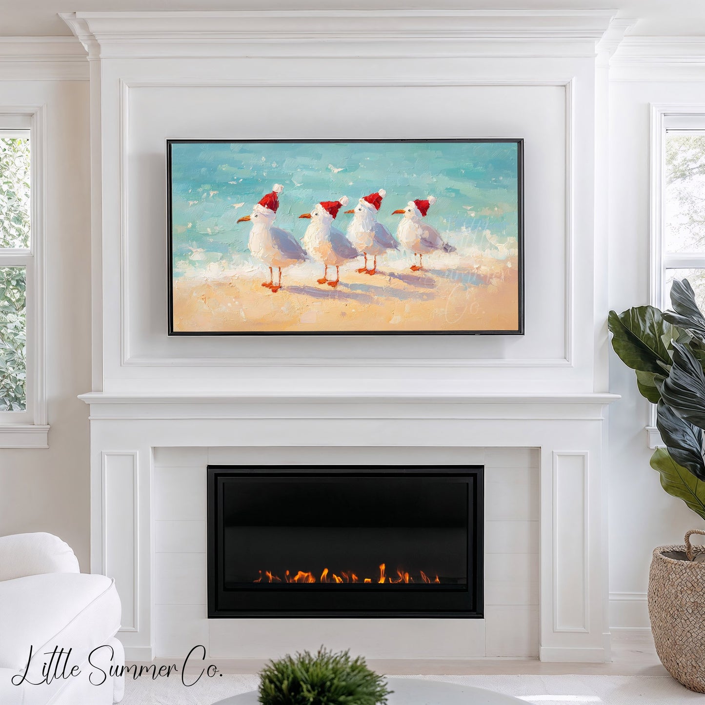 Christmas Seagulls on the Beach Frame TV Art displayed on a TV
