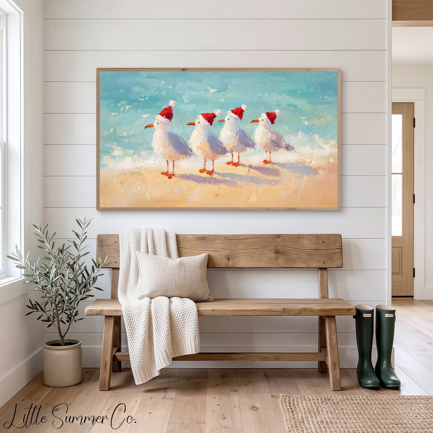 Christmas Seagulls on the Beach Frame TV Art displayed on a TV