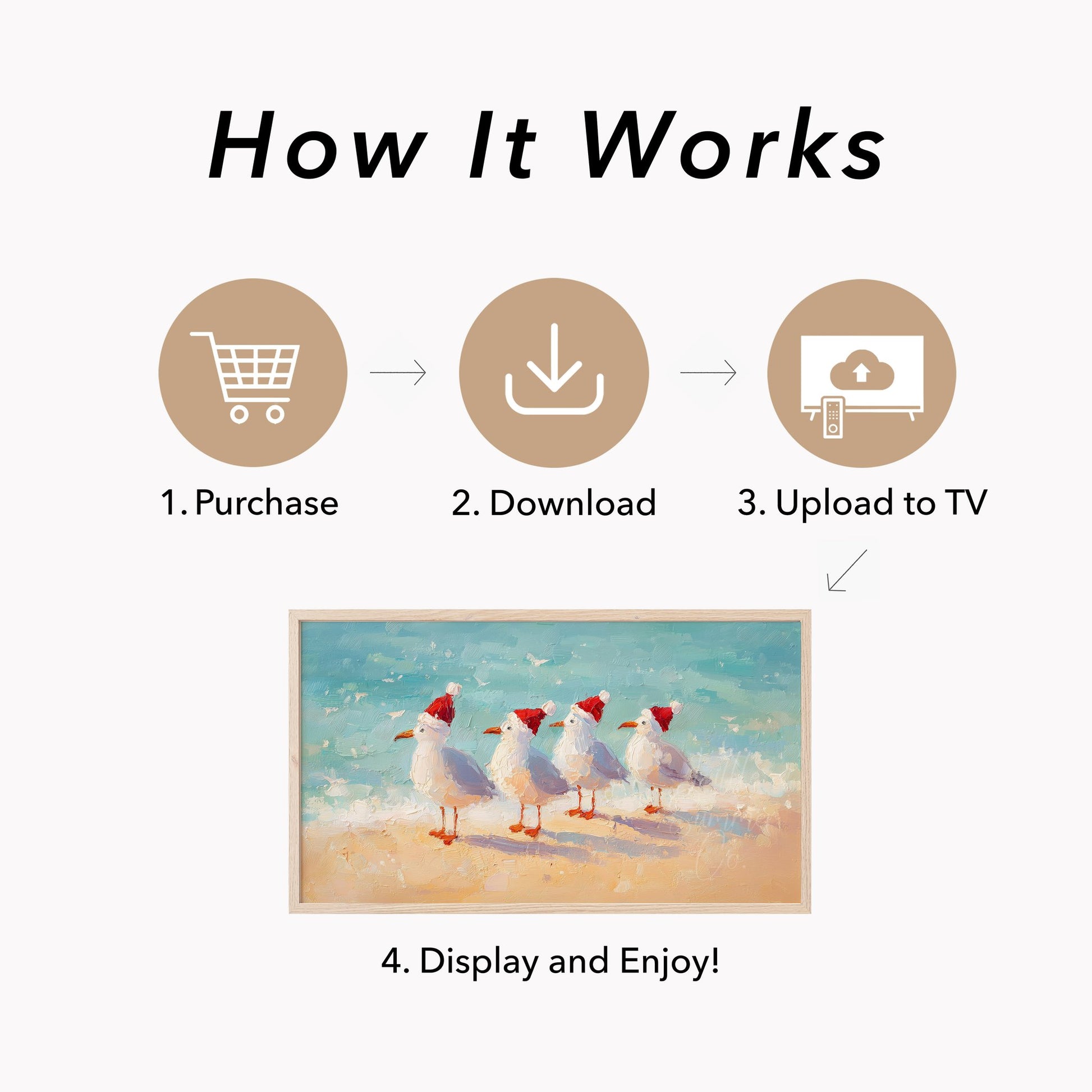 Christmas Seagulls on the Beach Frame TV Art displayed on a TV