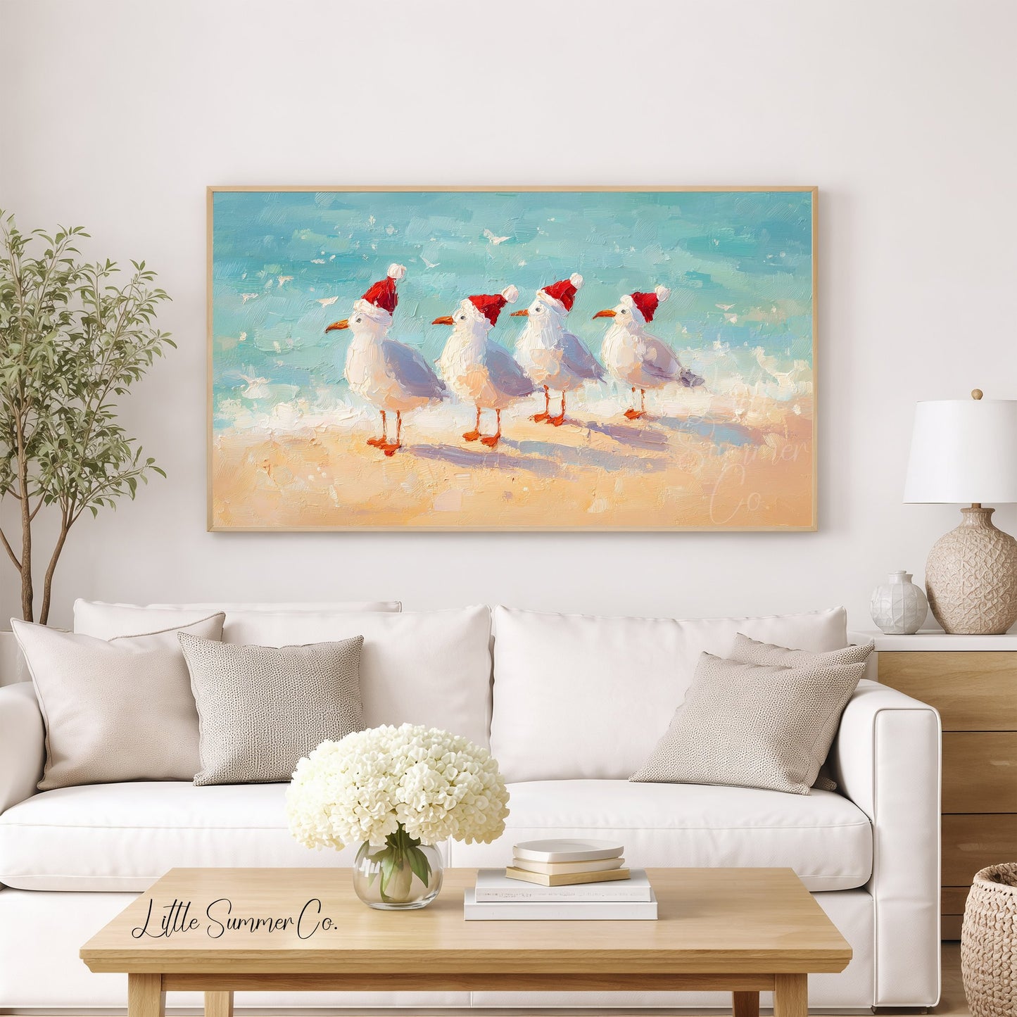 Christmas Seagulls on the Beach Frame TV Art displayed on a TV