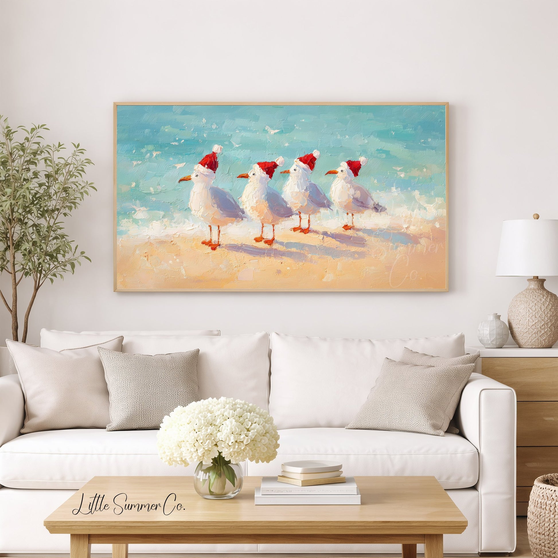 Christmas Seagulls on the Beach Frame TV Art displayed on a TV
