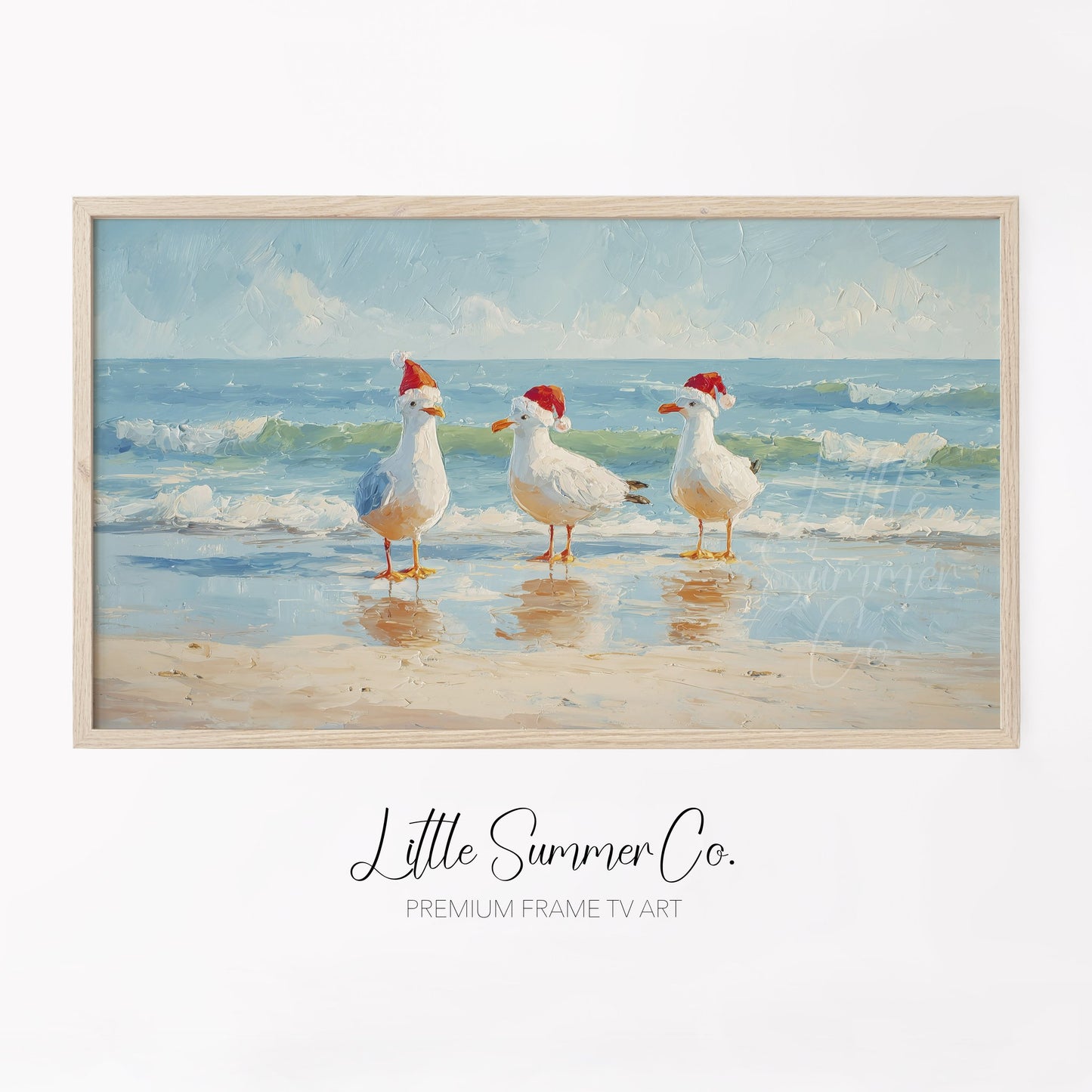 Seagulls in Santa Hats Frame TV Art displayed on a TV
