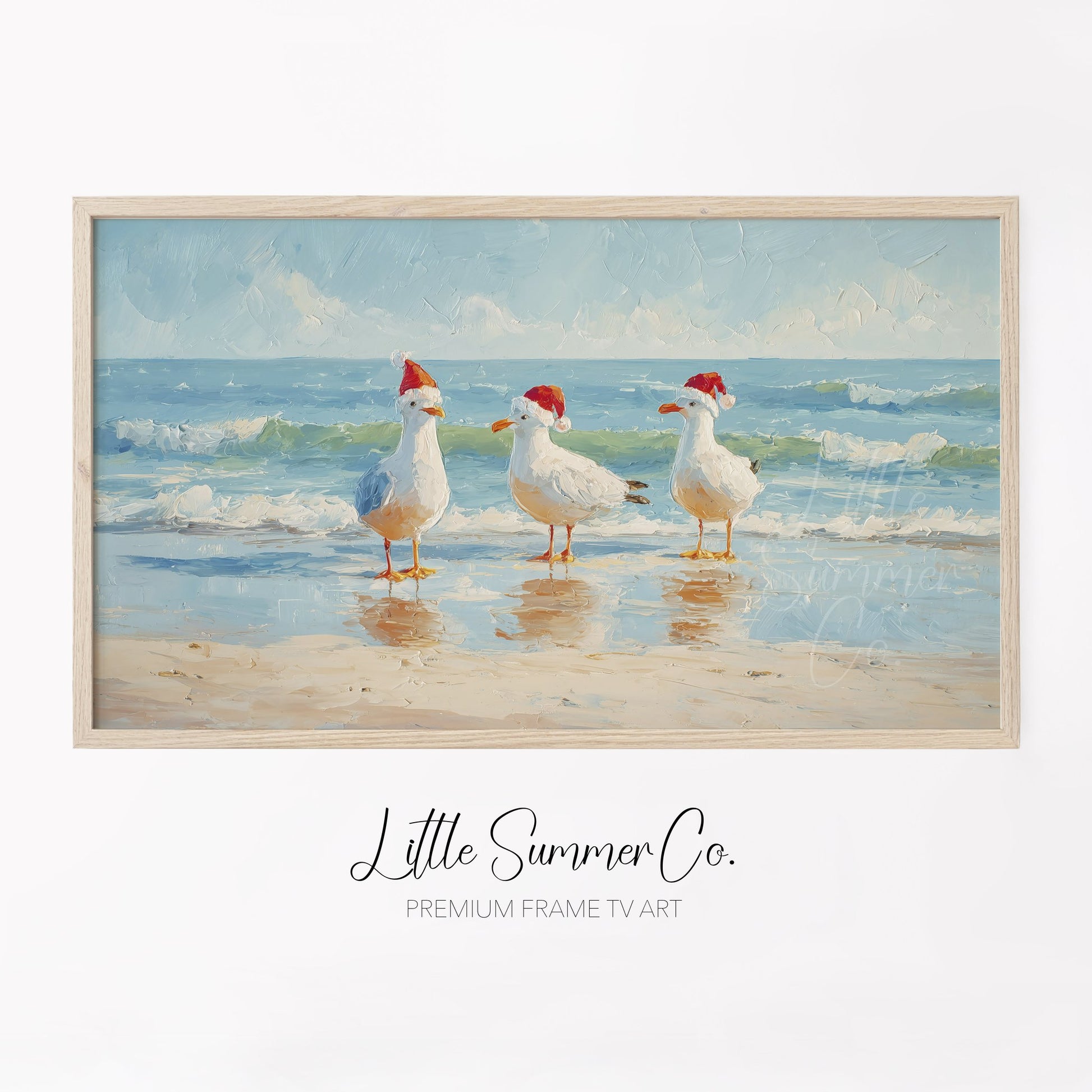 Seagulls in Santa Hats Frame TV Art displayed on a TV
