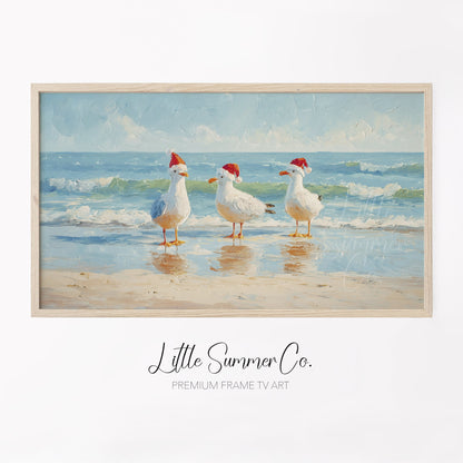 Seagulls in Santa Hats Frame TV Art displayed on a TV