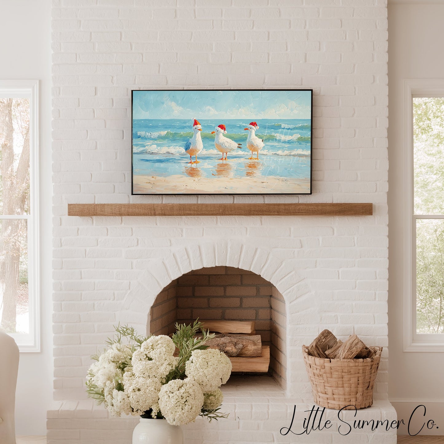 Seagulls in Santa Hats Frame TV Art displayed on a TV