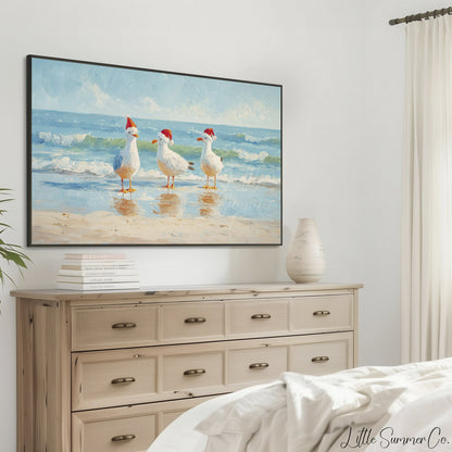 Seagulls in Santa Hats Frame TV Art displayed on a TV