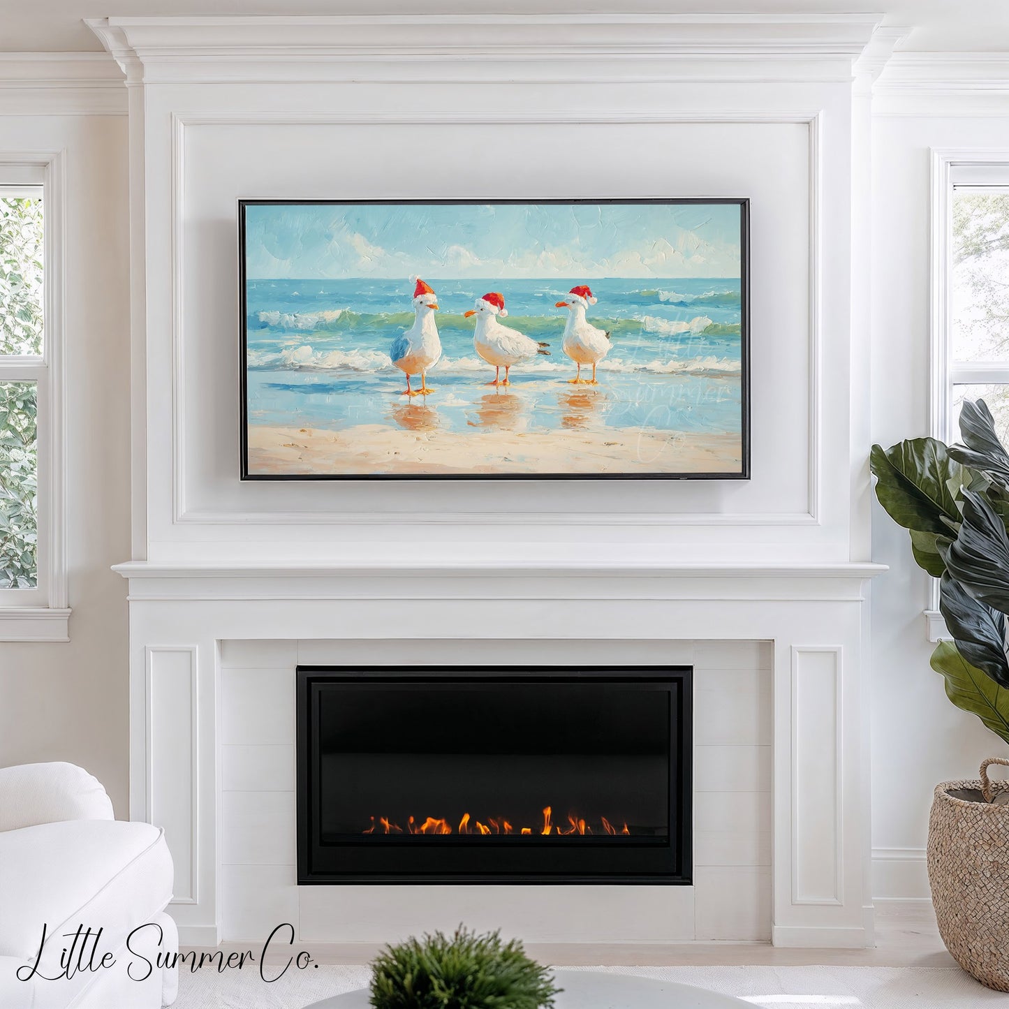 Seagulls in Santa Hats Frame TV Art displayed on a TV