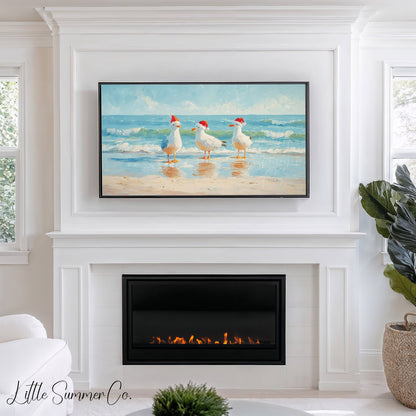 Seagulls in Santa Hats Frame TV Art displayed on a TV