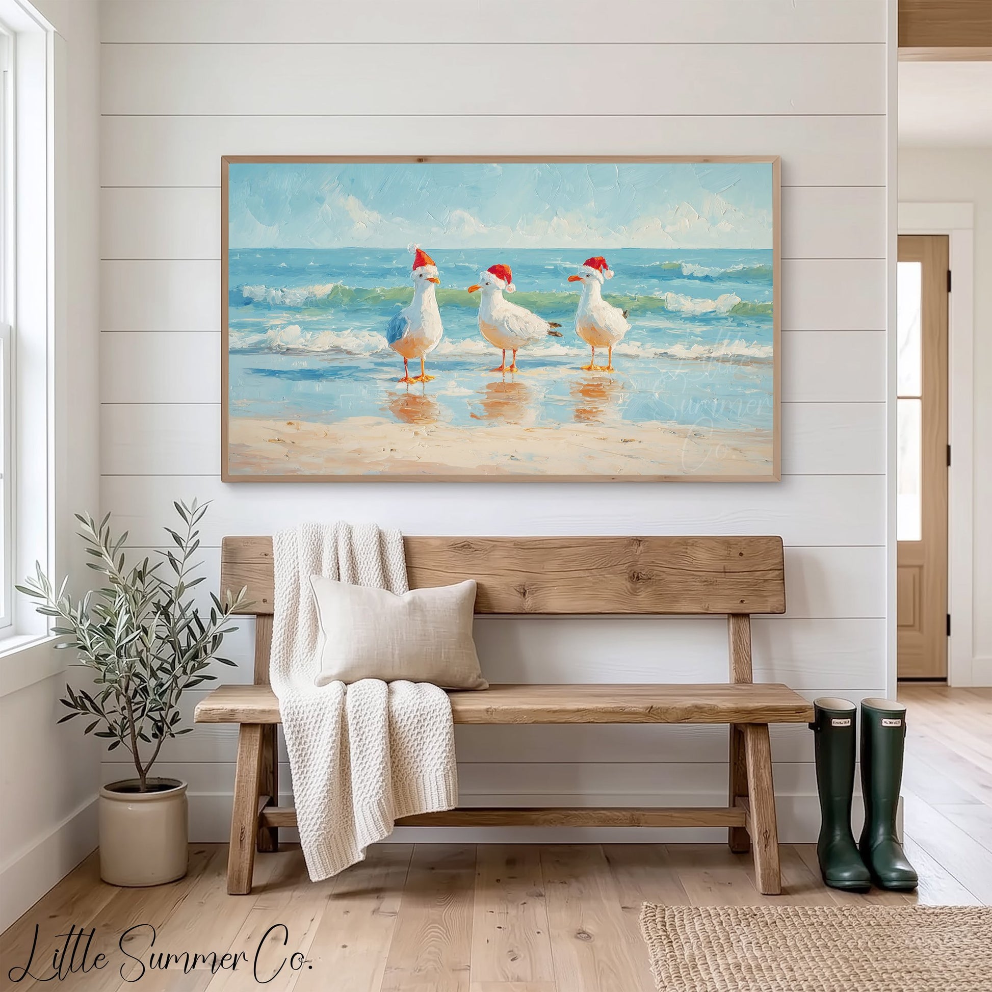 Seagulls in Santa Hats Frame TV Art displayed on a TV