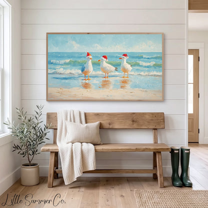 Seagulls in Santa Hats Frame TV Art displayed on a TV