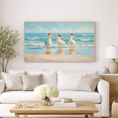 Seagulls in Santa Hats Frame TV Art displayed on a TV