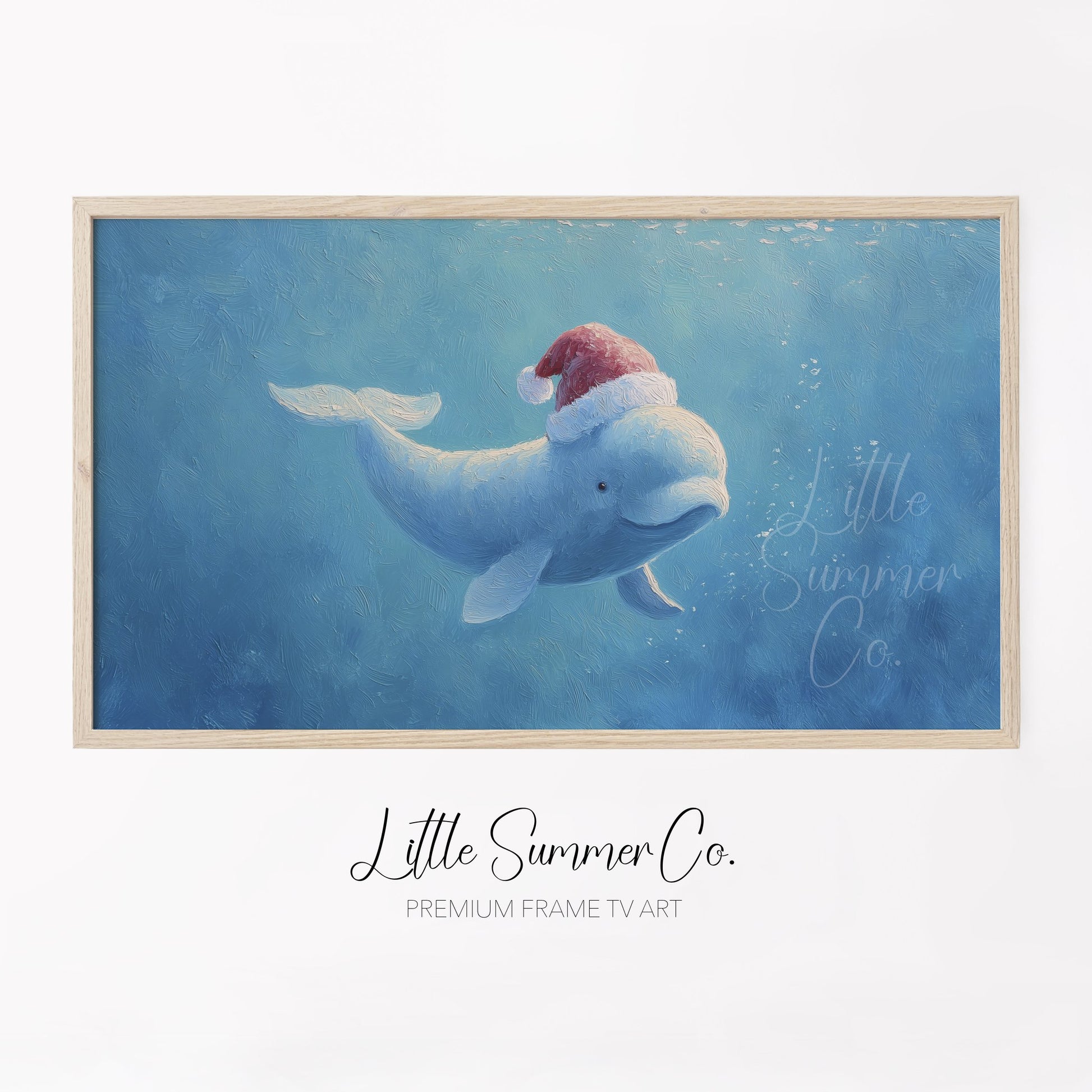Beluga Whale in Santa Hat Frame TV Art displayed on a TV