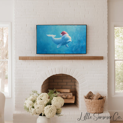 Beluga Whale in Santa Hat Frame TV Art displayed on a TV