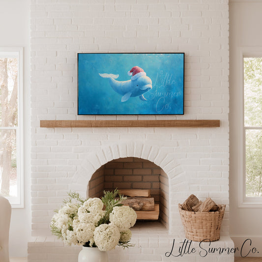 Beluga Whale in Santa Hat Frame TV Art displayed on a TV