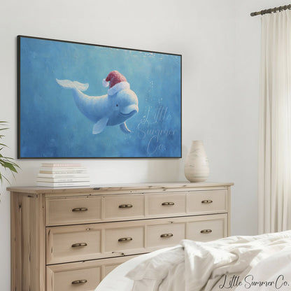 Beluga Whale in Santa Hat Frame TV Art displayed on a TV