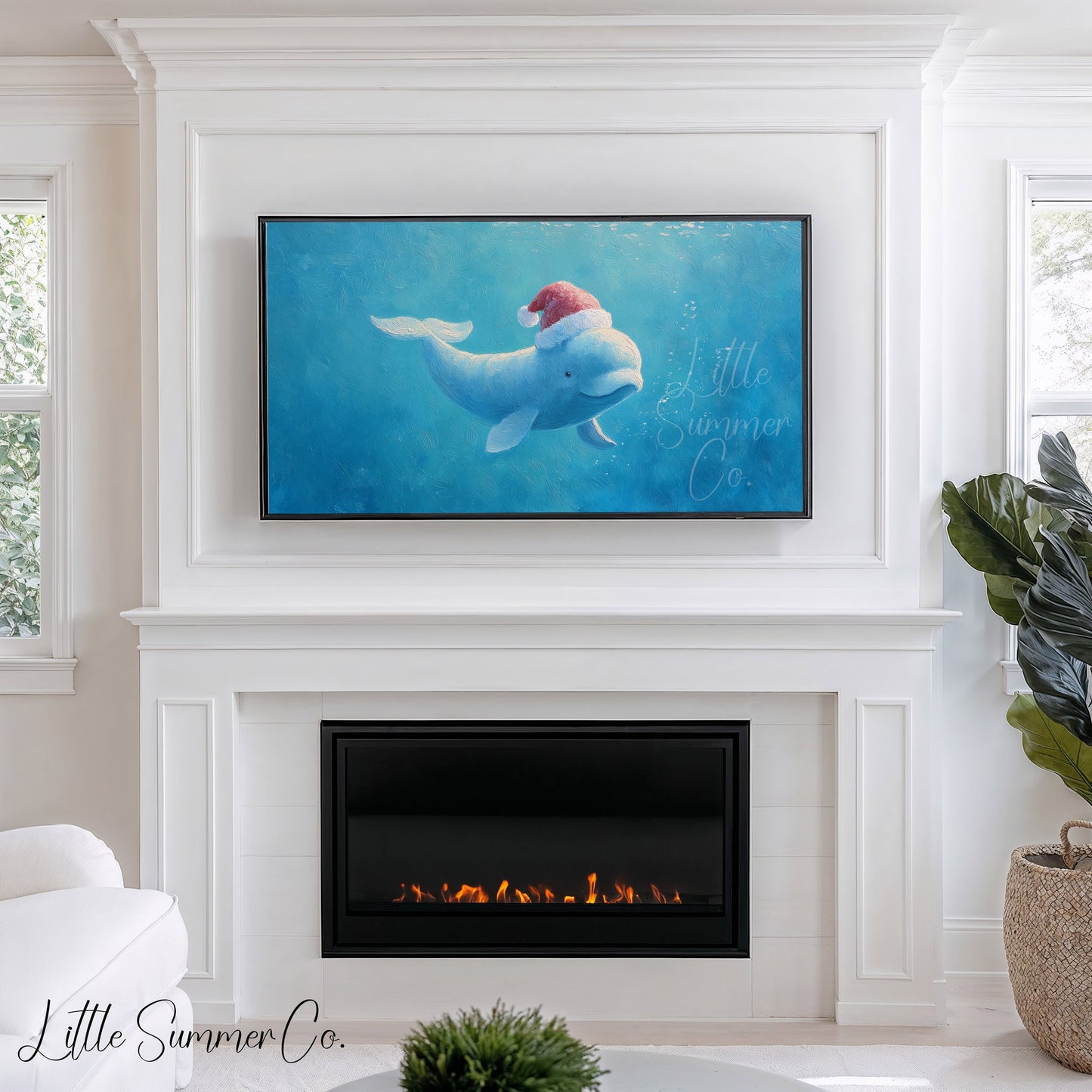 Beluga Whale in Santa Hat Frame TV Art displayed on a TV