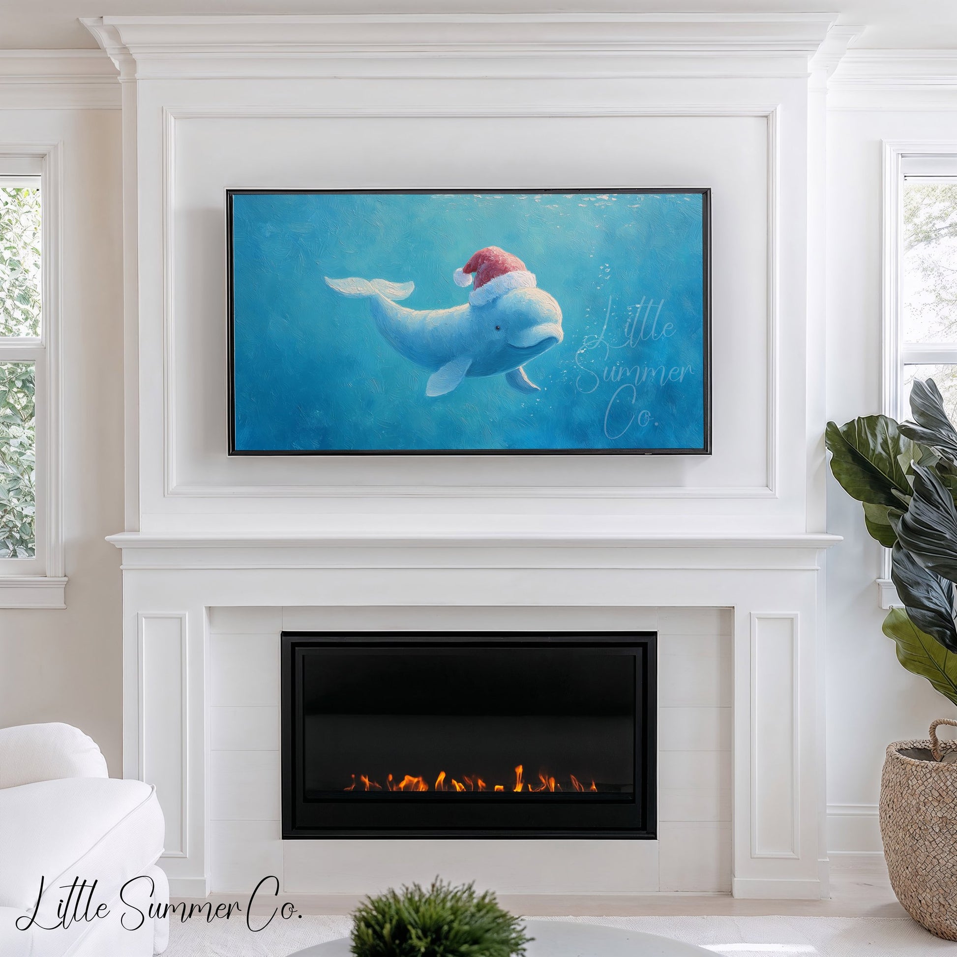 Beluga Whale in Santa Hat Frame TV Art displayed on a TV