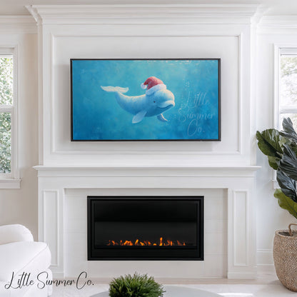 Beluga Whale in Santa Hat Frame TV Art displayed on a TV