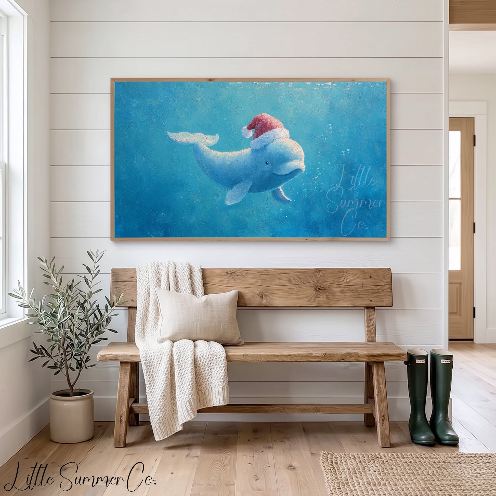 Beluga Whale in Santa Hat Frame TV Art displayed on a TV