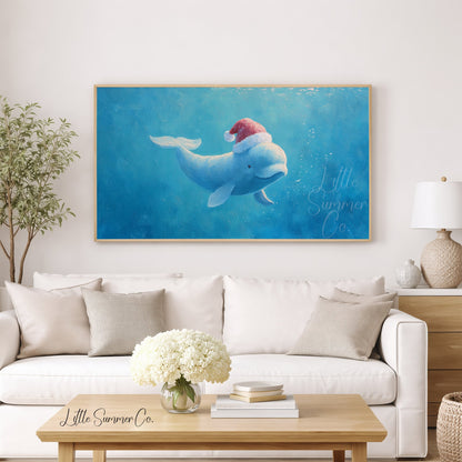 Beluga Whale in Santa Hat Frame TV Art displayed on a TV